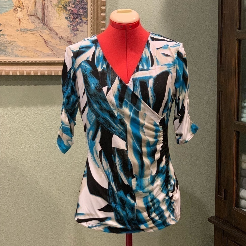 Style & Co teal, white, & black blouse in size PM